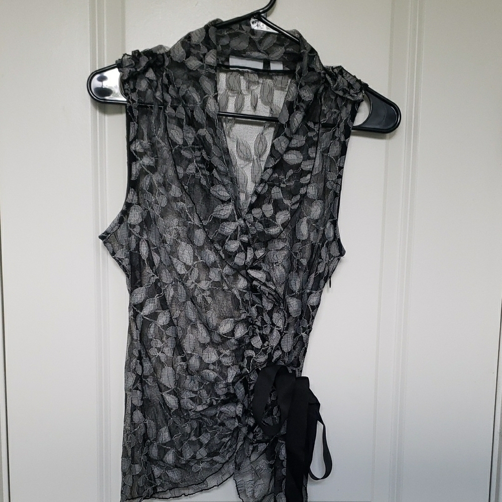 New York & Company Black and Gray Wrap Blouse with Notched Collar